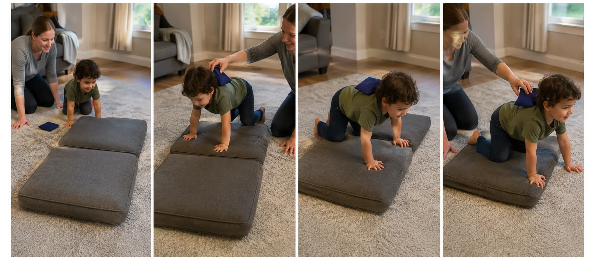 Four panels showing a grown-up setting cushions on the floor, placing a bean bag on a child's back, the child crawling across the cushion path, and resetting for another round.
