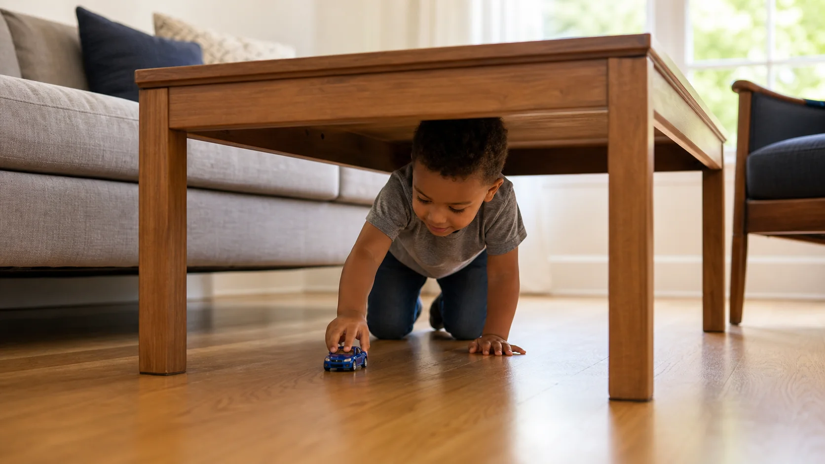 Child crawling under a sturdy low table while pushing a toy car through a clear indoor lane.