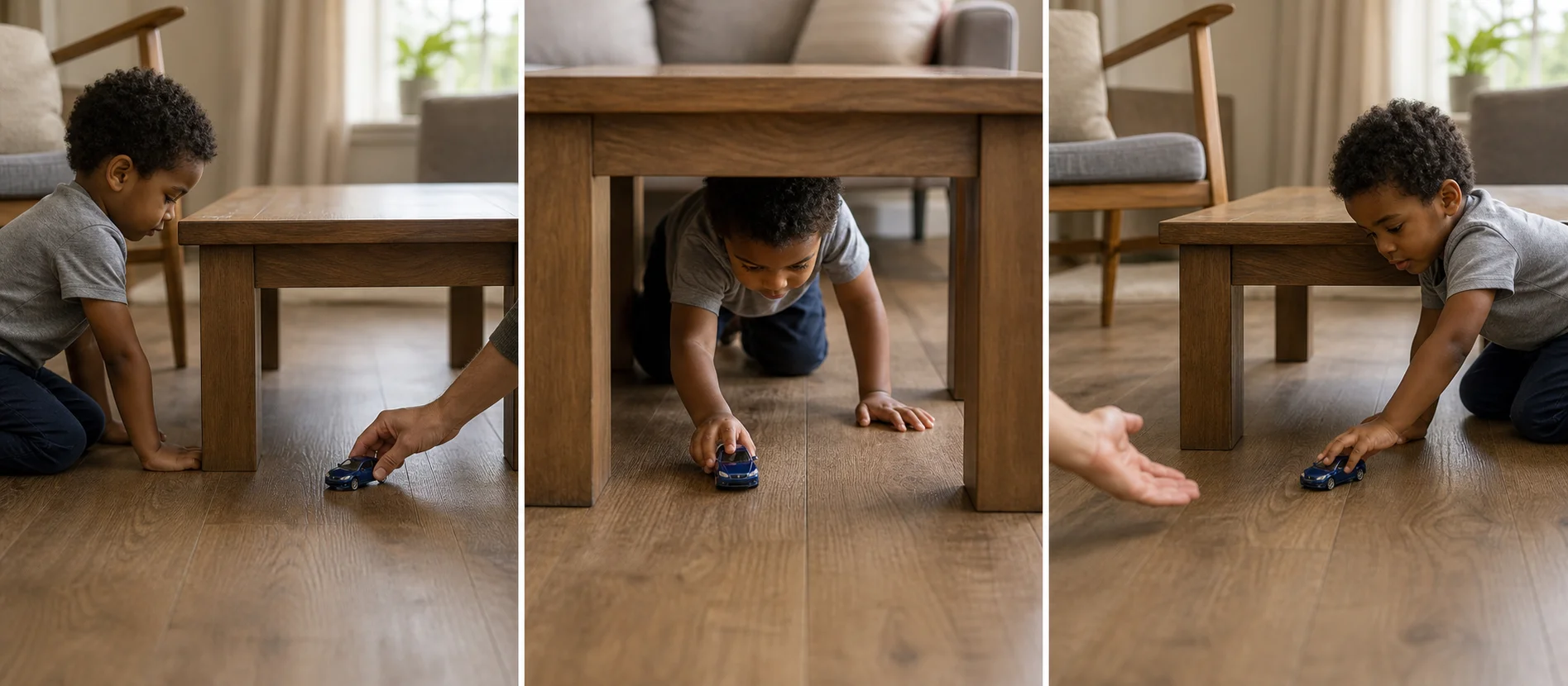 Three panels showing a toy car pushed under the table, the child crawling after it, and the car reset for another turn.