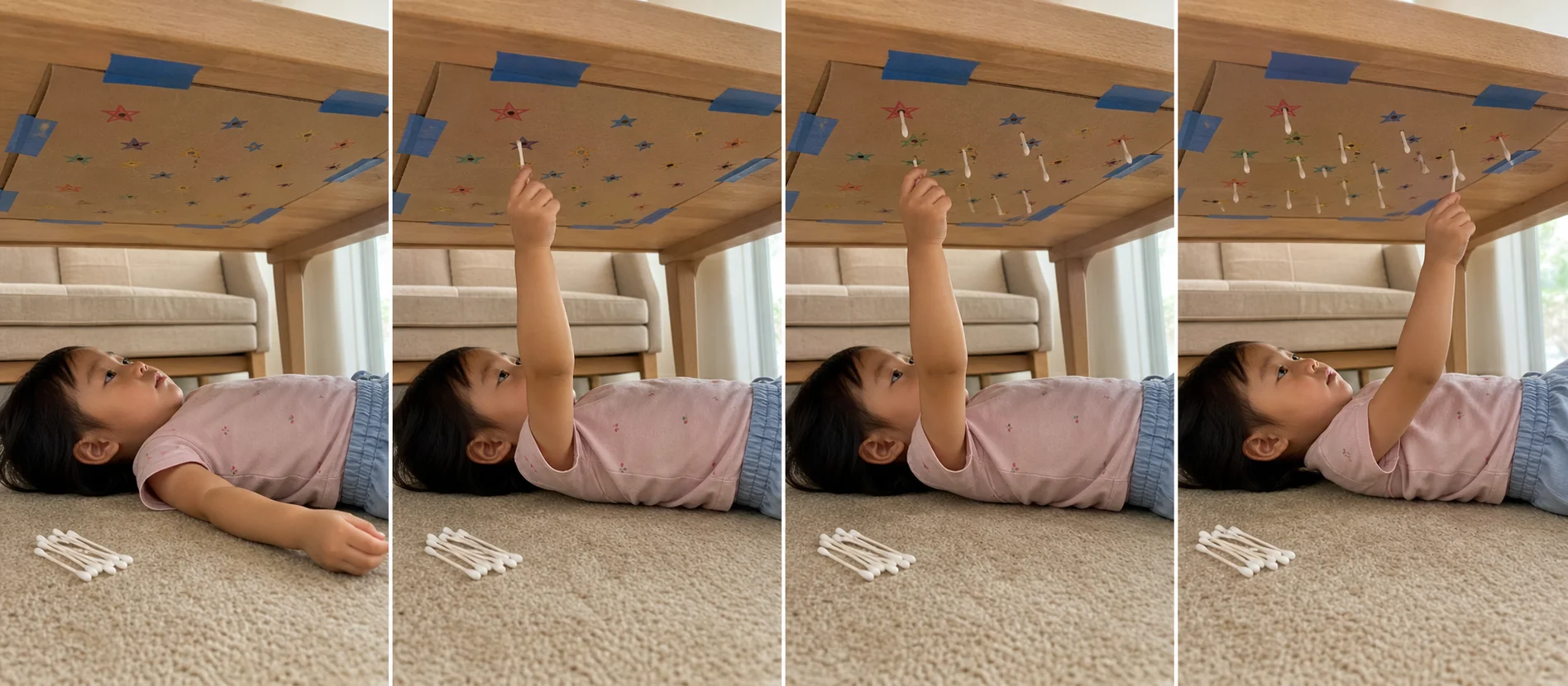 Four panels show a grown-up drawing and poking star holes in cardboard, taping the board under a low table, a child lying underneath with Q-tips, and the child pushing Q-tips into the stars.