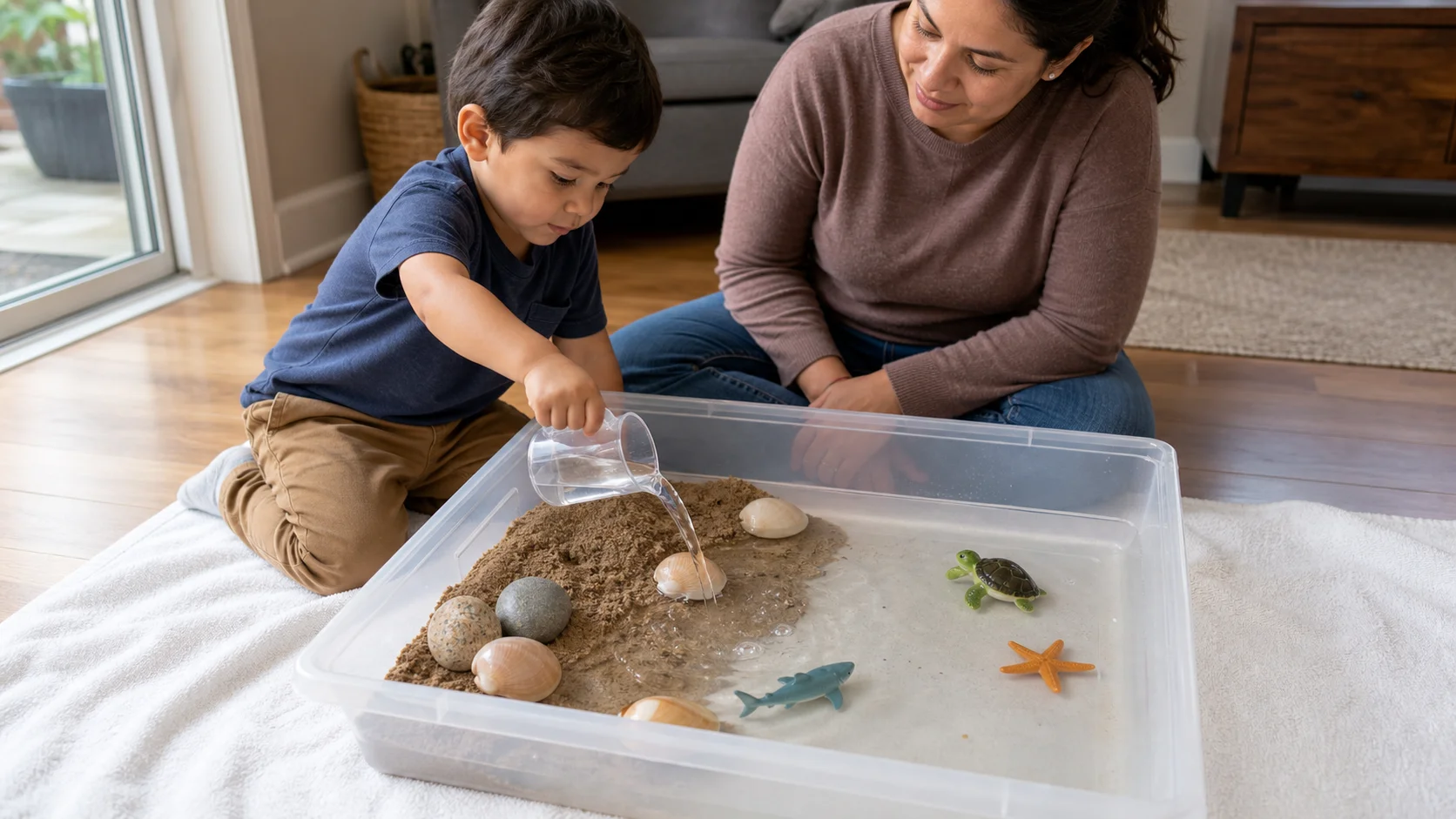 A toddler beside a shallow bin with shells, sand, and toy sea creatures, pouring a small cup of water into one corner while a grown-up watches nearby.
