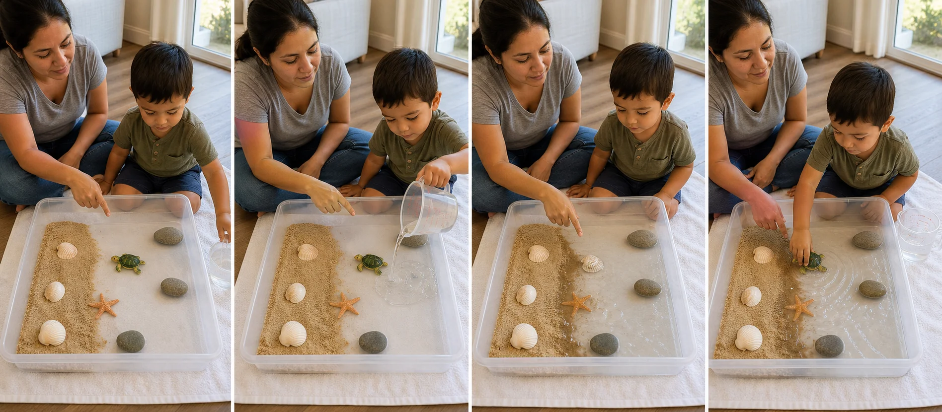 Four panels show a dry ocean scene in a shallow bin, a child adding a small pour of water, the child watching shells and toys shift, and one gentle wave through the finished scene.