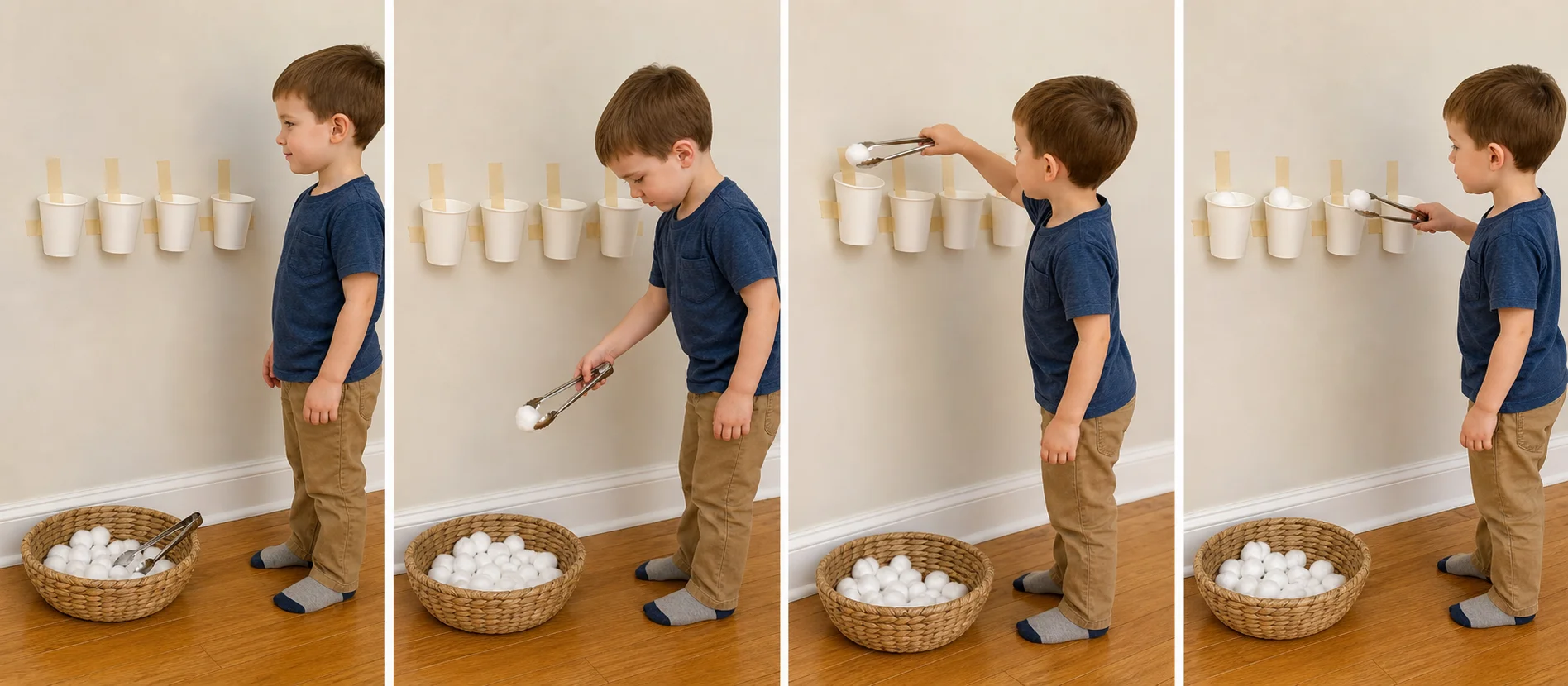 Four panels show a grown-up taping paper cups to a wall, placing cotton balls and tongs in a basket, a child picking up one cotton ball with tongs, and the child dropping it into a cup.