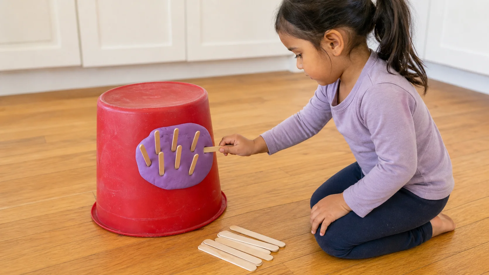 A child presses a craft stick into a putty patch on the side of an upside-down bucket.
