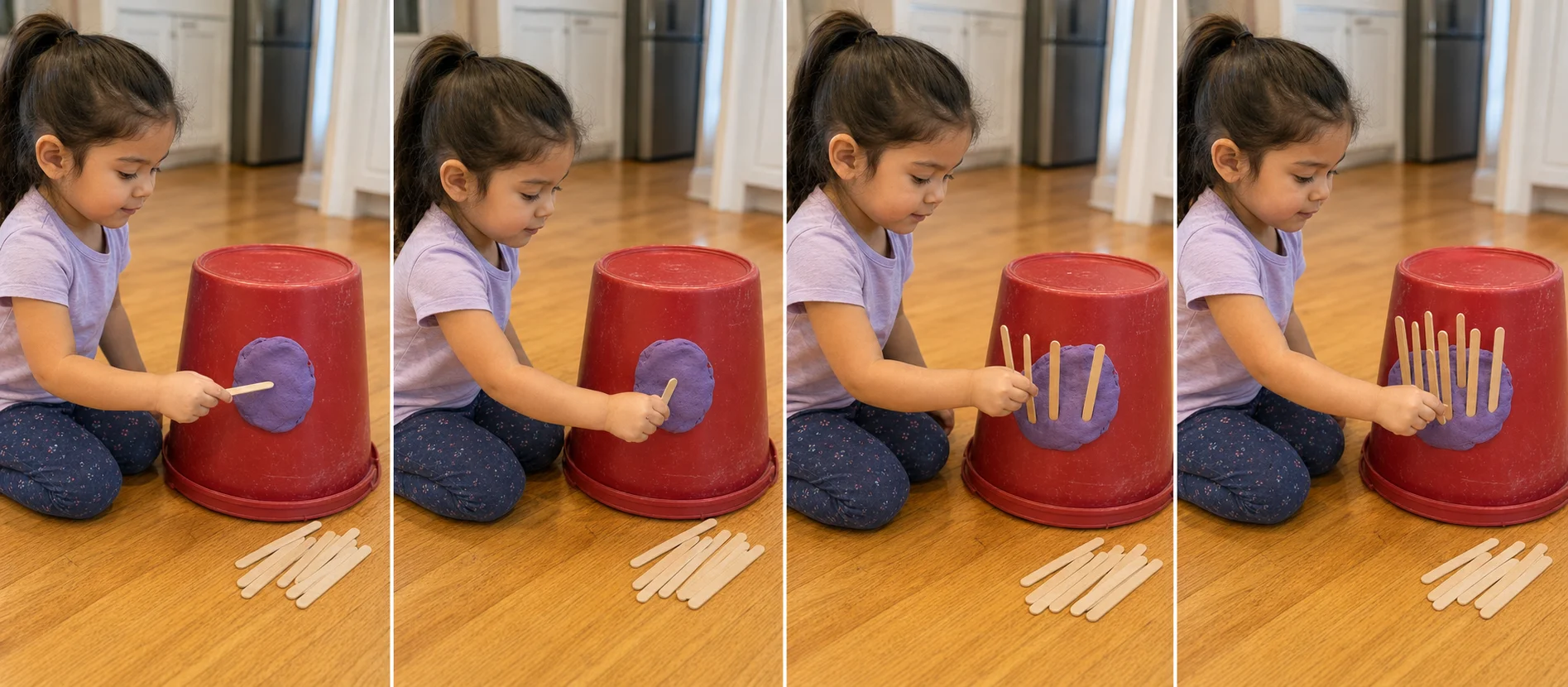 Three panels show a grown-up pressing putty onto a bucket, a child planting craft sticks into the patch, and the patch filling with upright sticks.