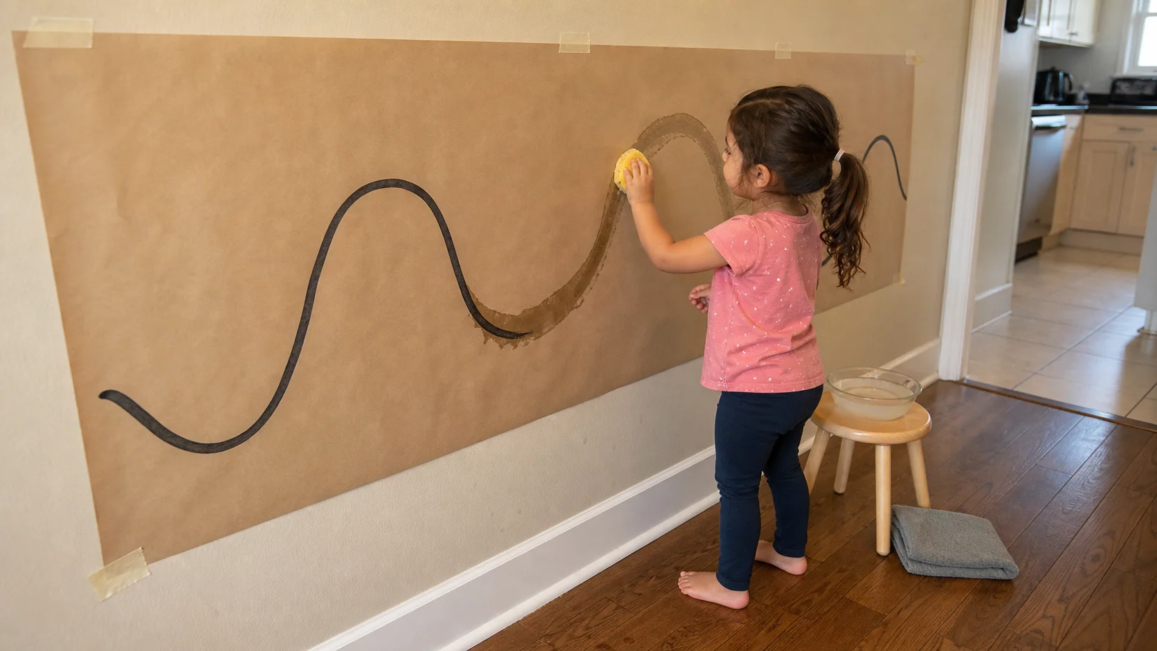 Toddler tracing a winding line on wall paper with a damp sponge while a bowl of water sits nearby.