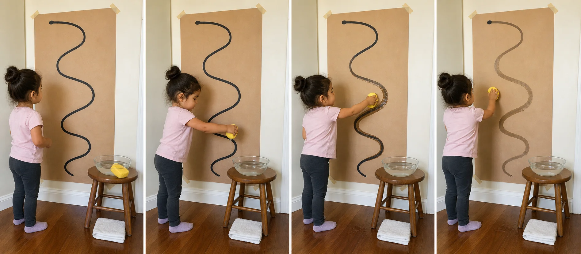 Multi-panel sequence showing paper taped to a wall, a sponge dipped and squeezed over a bowl, a child tracing the line, and the path retraced after a redip.