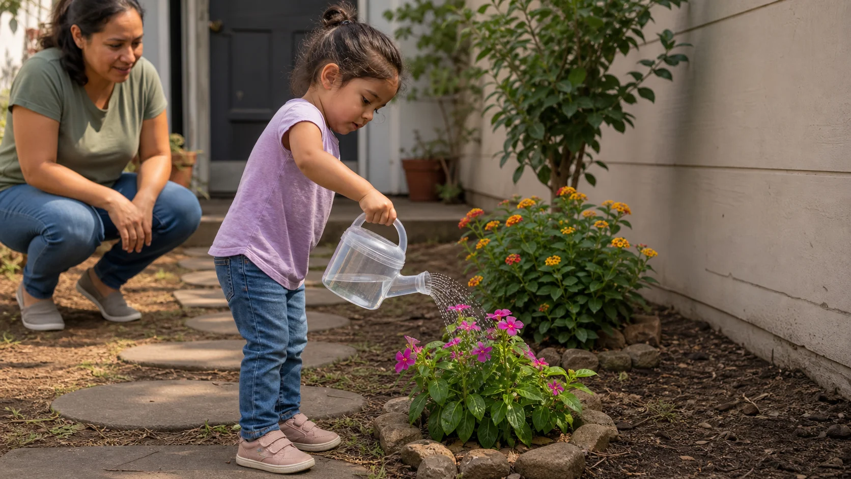 A toddler carries a clear watering can and sprinkles water on a garden plant during a short walk.