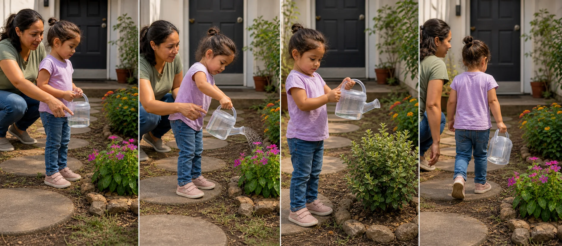 A three-step sequence shows a child watering plants, checking the dropping water line, and walking back with the empty container.