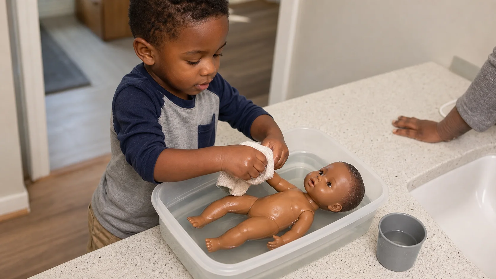A toddler sitting beside a shallow bin of water and washing a waterproof baby doll with a small cloth while a grown-up stays nearby.