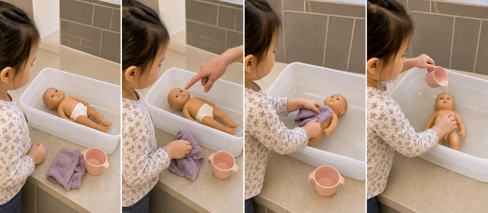 Four panels showing a doll placed in a shallow bin, a grown-up modeling one wipe, a toddler rinsing the doll with a small cup, and the doll bath ending with one last body-part wash.