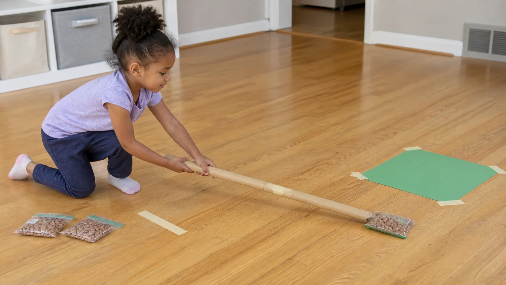 A child kneels on the floor and uses a taped paper-roll stick to push a bean-filled puck toward a paper goal.