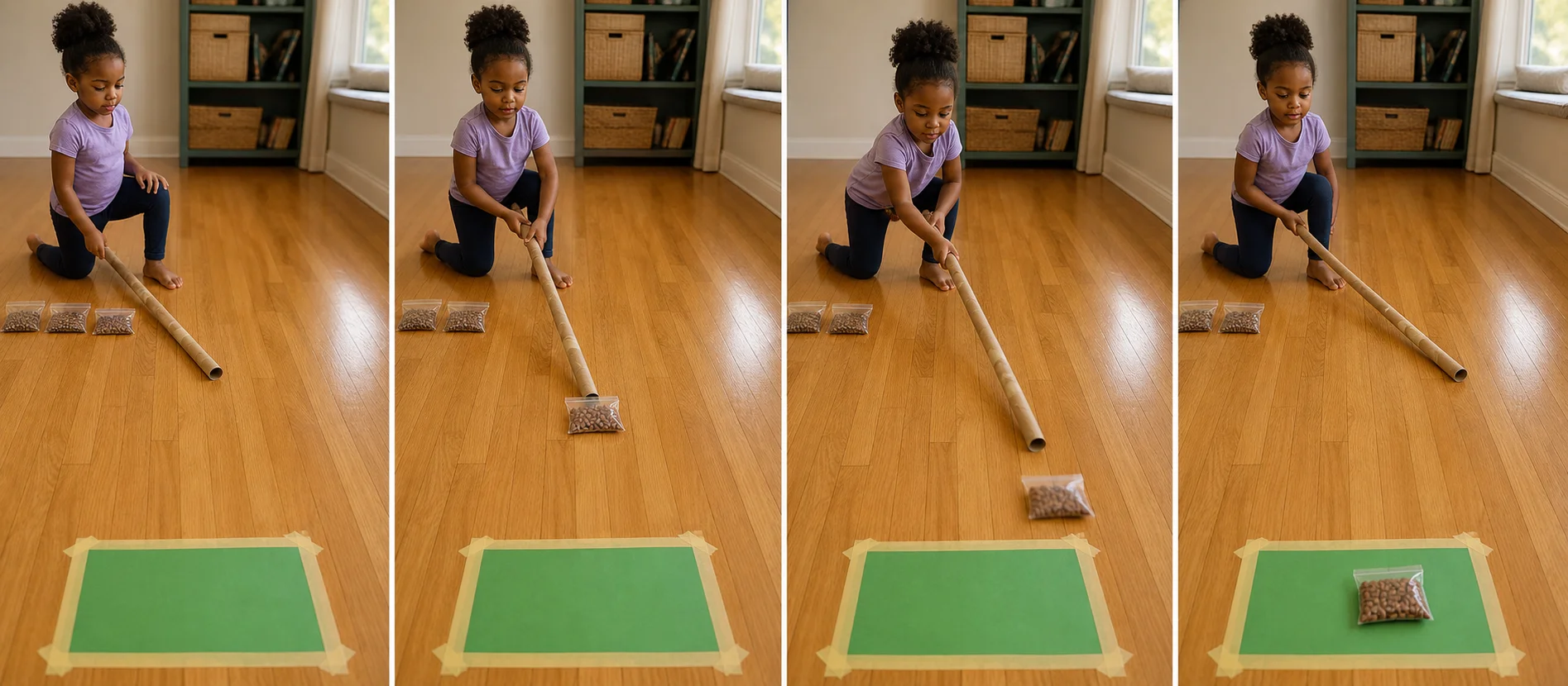 Four panels show a grown-up filling small bags with beans, taping paper rolls into one long stick, placing a paper goal on the floor, and a child pushing one puck toward the goal.