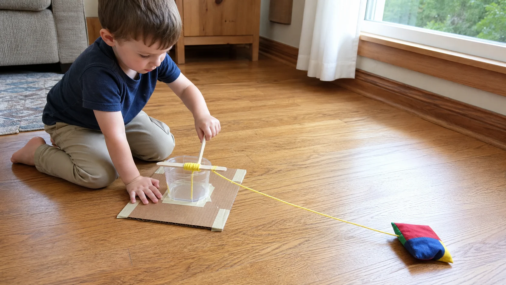 A child steadies a cardboard reel base with one hand and twists a craft-stick handle to pull a bean bag closer.