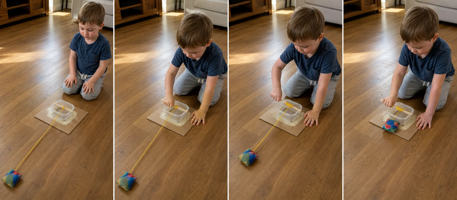 Three panels show a cardboard base with a taped container, a child twisting the craft-stick handle, and the bean bag reaching the container before the yarn is reset.