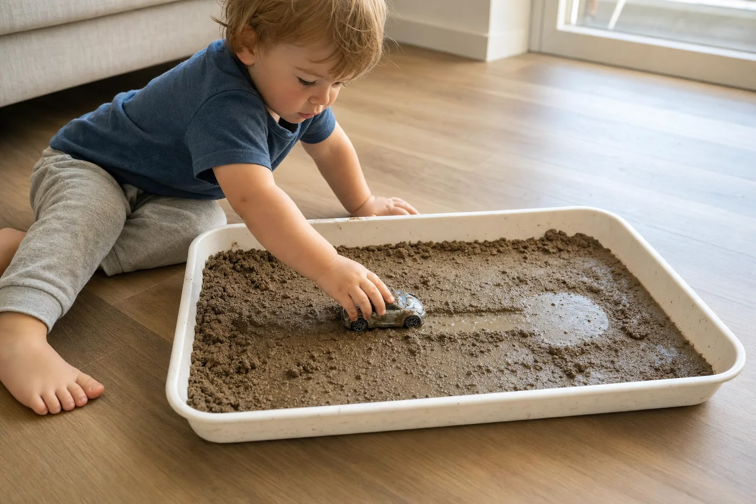 Toddler sitting beside a shallow tray of wet sand, pushing a toy car through it to make a visible track