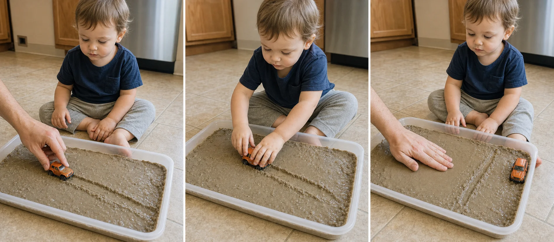 Three-panel toddler activity showing a grown-up modeling one toy pass in wet sand, the child pushing the toy to make a track, and the tray reset for another short turn