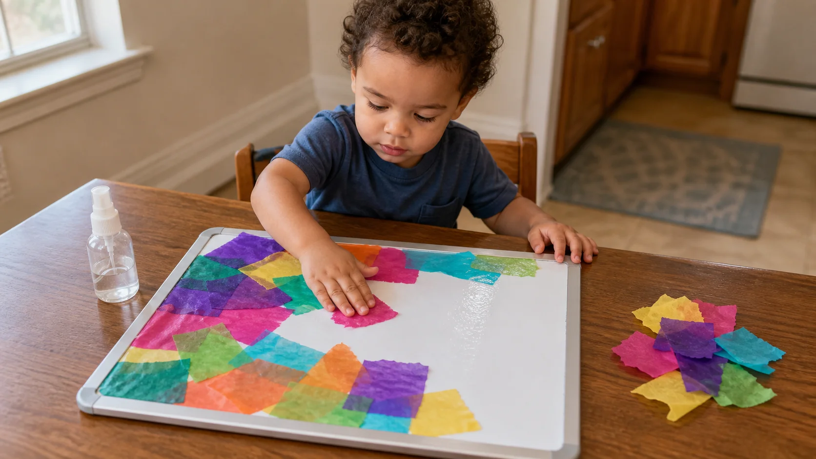 A toddler presses a bright tissue piece onto a wet spot on a dry erase board while a spray bottle sits nearby.