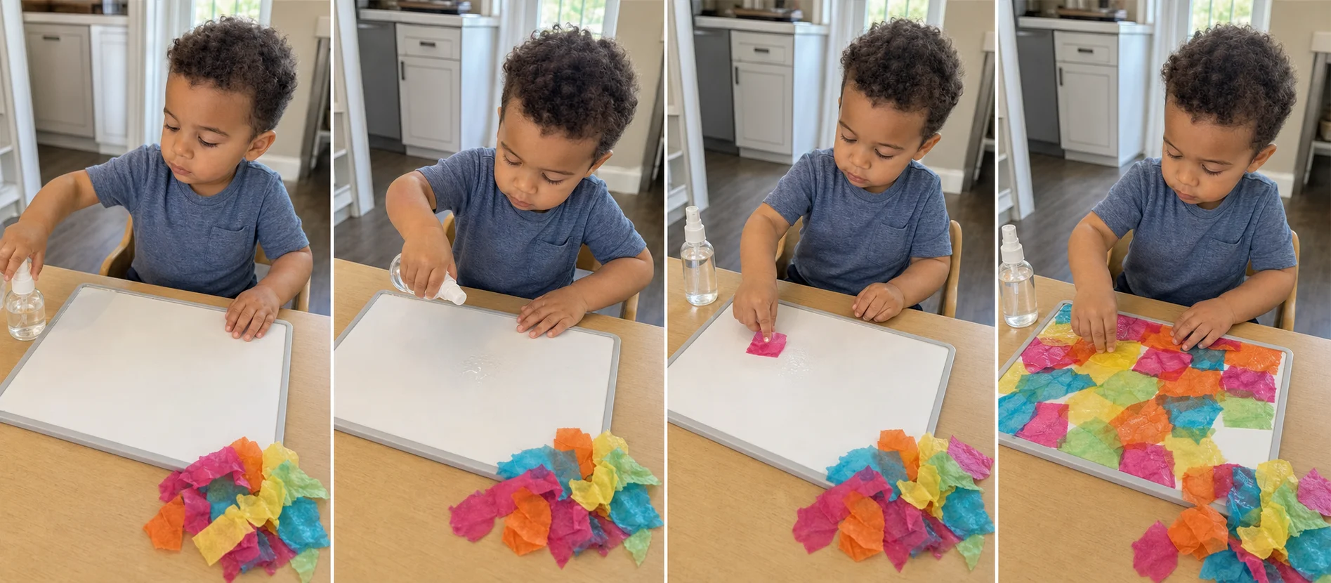 Three panels show a child spraying one shiny spot, pressing a tissue piece onto the board, and filling the board with colorful bits.