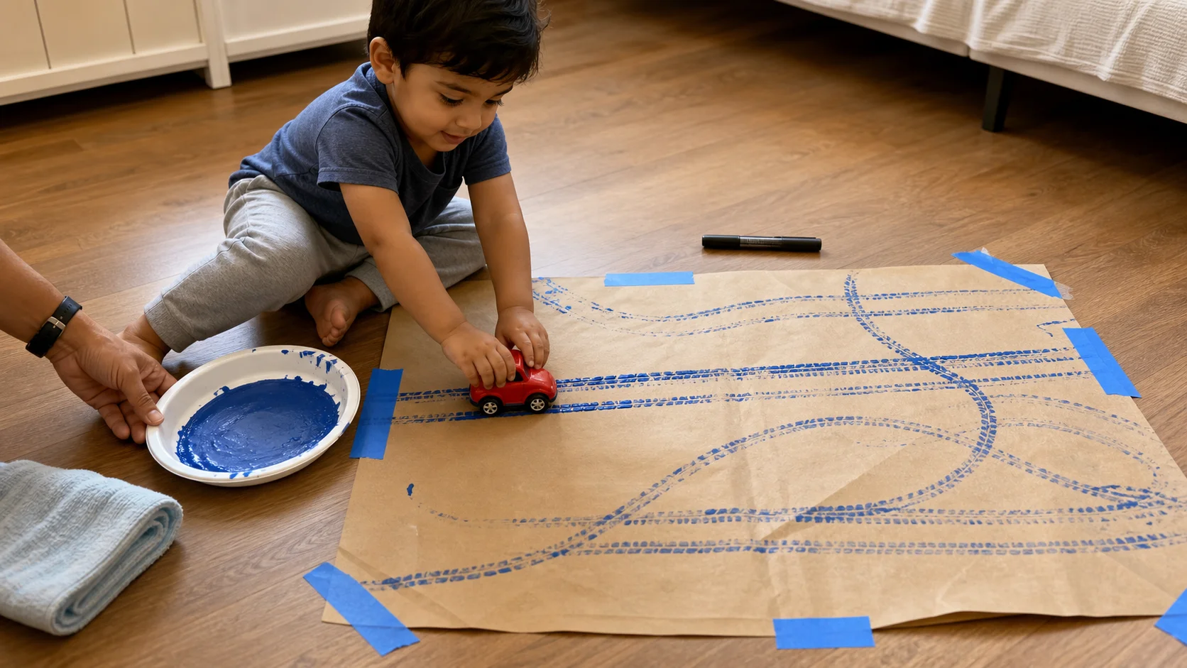 Toddler rolling a toy car with wet wheels across taped paper while track lines appear.