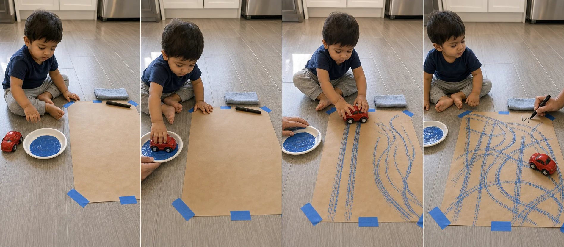 Three panels showing wheels dipped in a shallow dish, the toy car driven across paper, and an adult writing the child's name on the track picture.