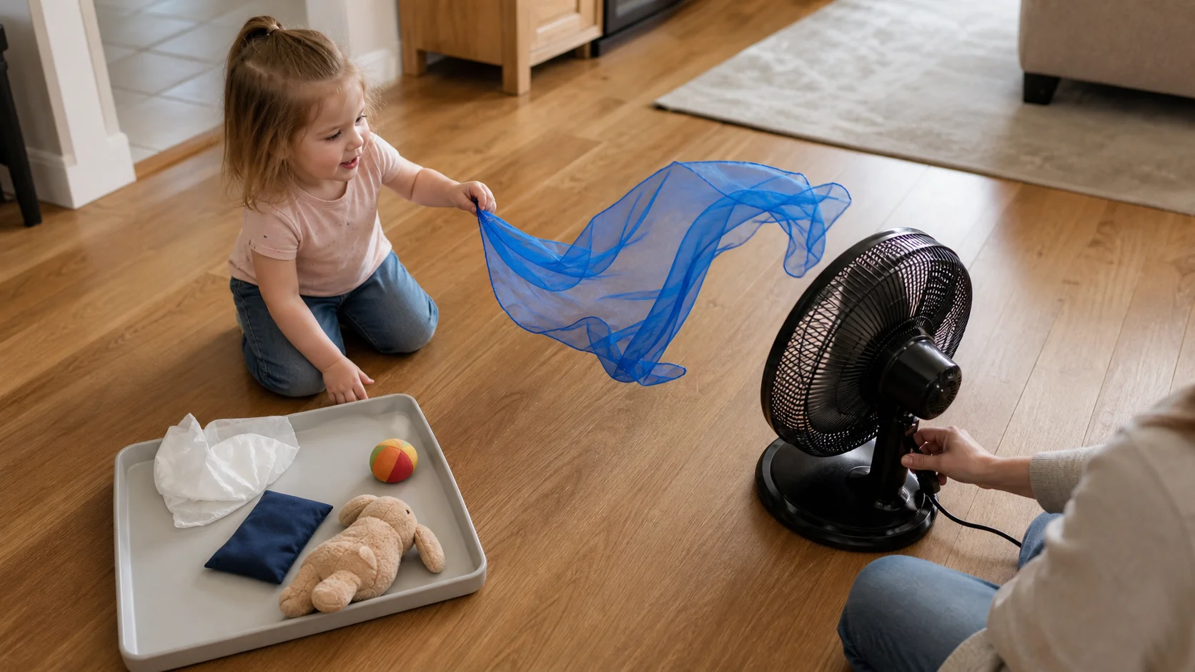 Toddler testing a scarf in front of an adult-controlled fan with other objects waiting in a tray.