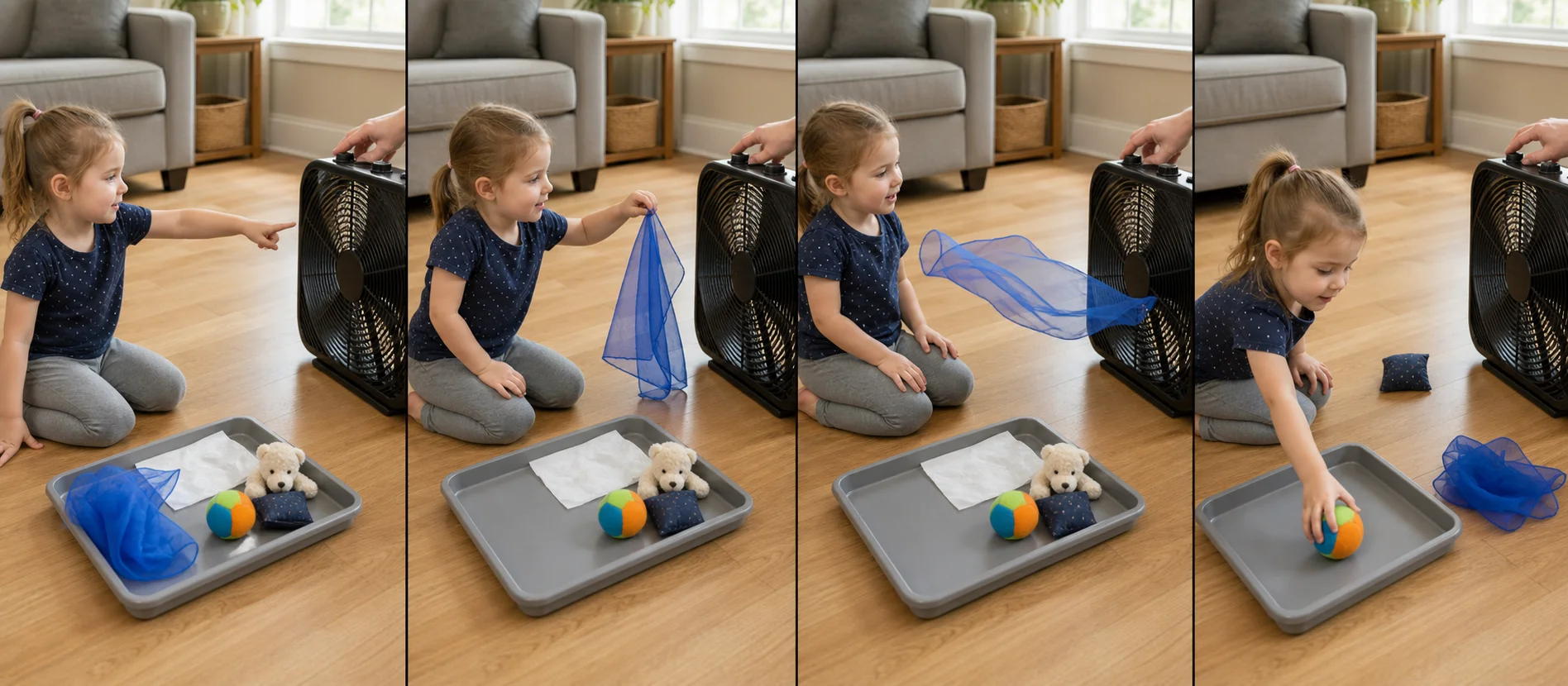 Sequence showing a child choosing an object, guessing what wind will do, testing it in airflow, and sorting the result.