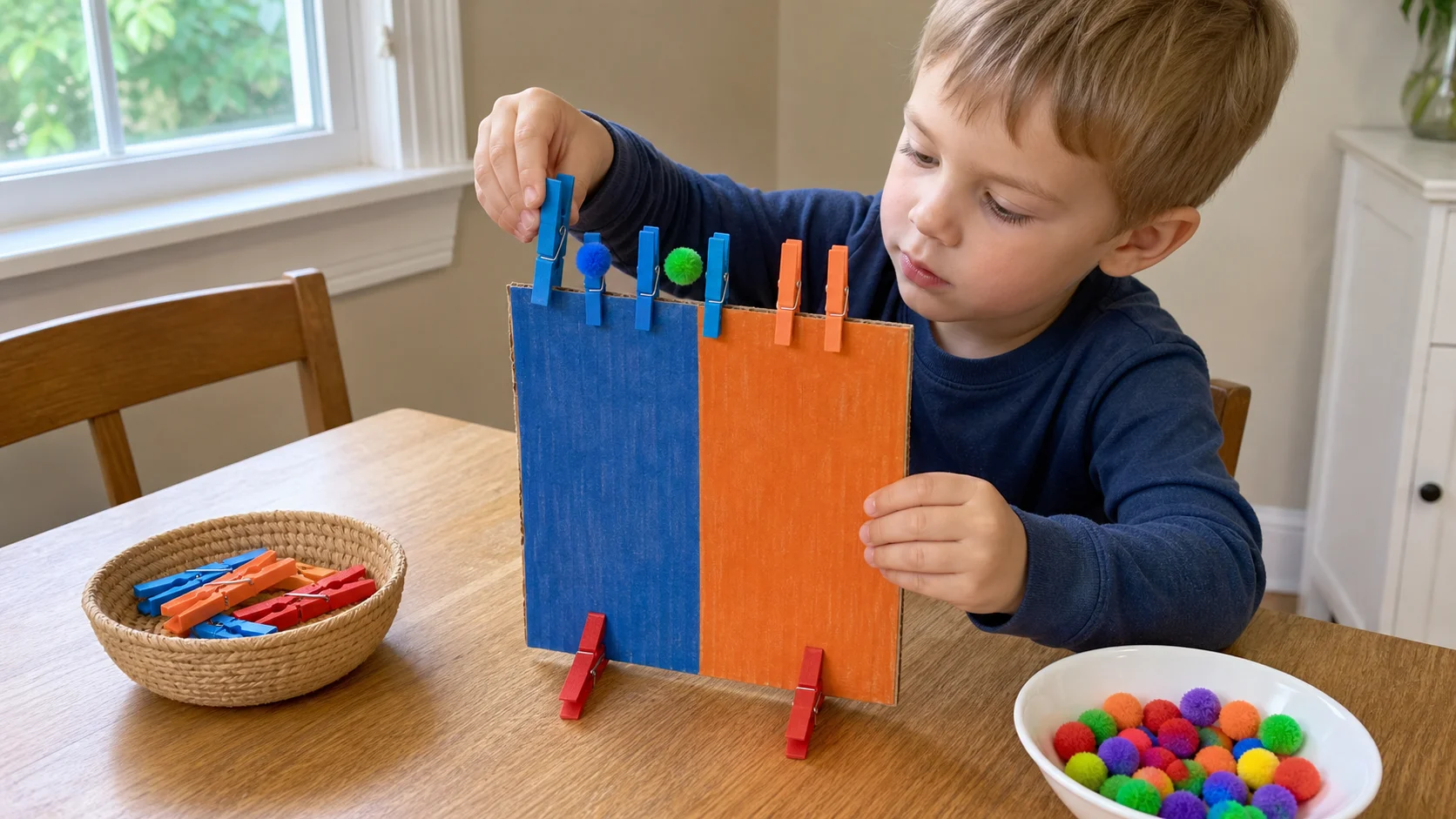 A child steadies a standing cardboard strip with one hand while clipping clothespins across the top edge and adding pom-poms.