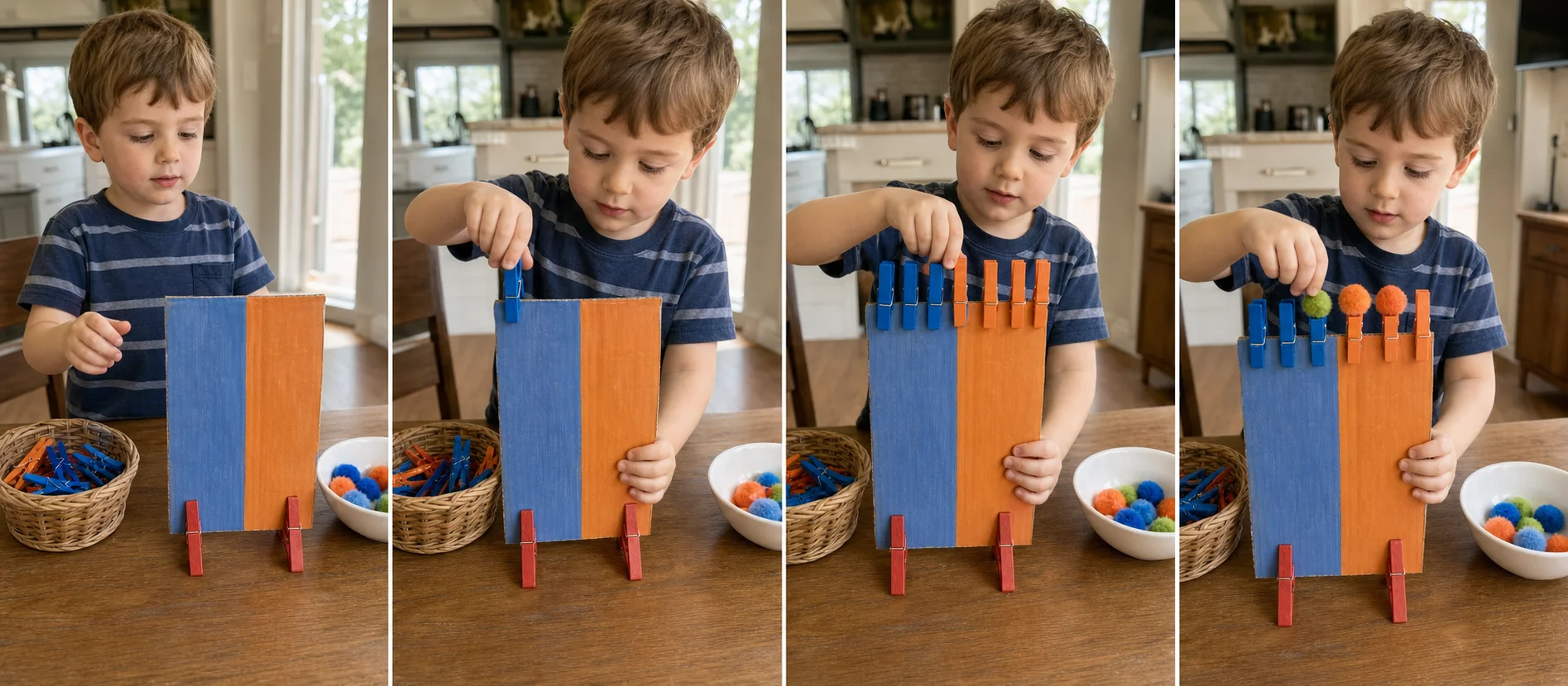 Four panels show a grown-up coloring a cardboard strip, clipping clothespin feet onto the bottom, a child adding matching clips across the top, and the child placing pom-poms into the clips while the strip stays standing.