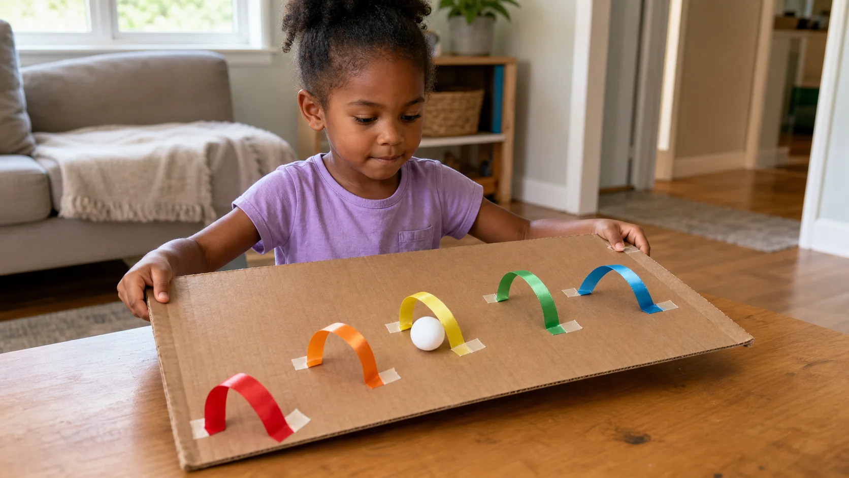 A child holds both sides of a cardboard board and tilts a ping pong ball through ribbon arches.