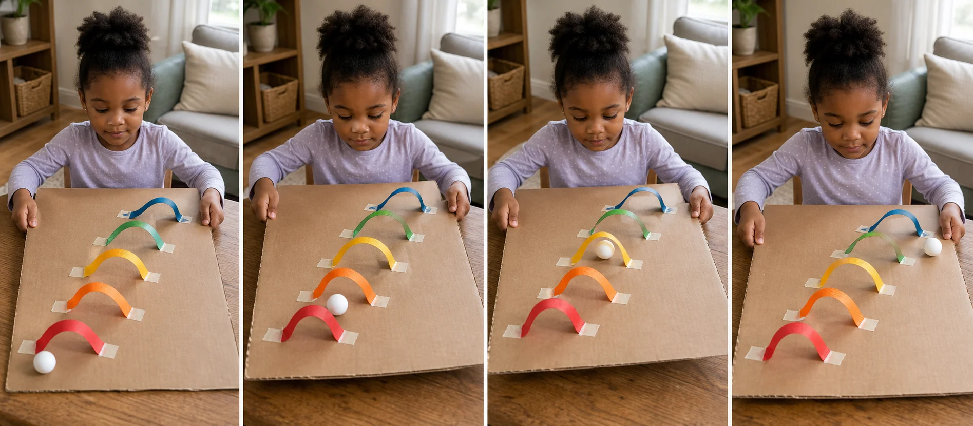 Four panels show a grown-up taping ribbon arches onto cardboard, setting a ping pong ball at the start, a child holding both sides of the board, and the child guiding the ball through the tunnel path.