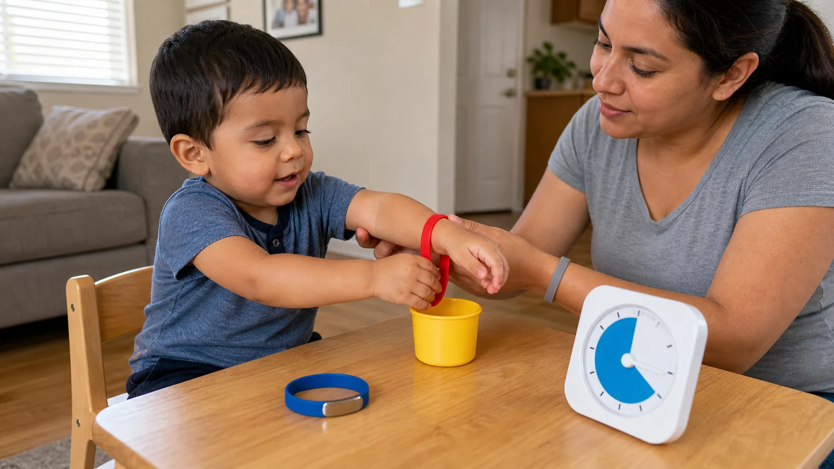 A toddler sitting at a low table with a loose colorful wristband on one wrist, a visual timer nearby, and a done cup beside two extra bands.