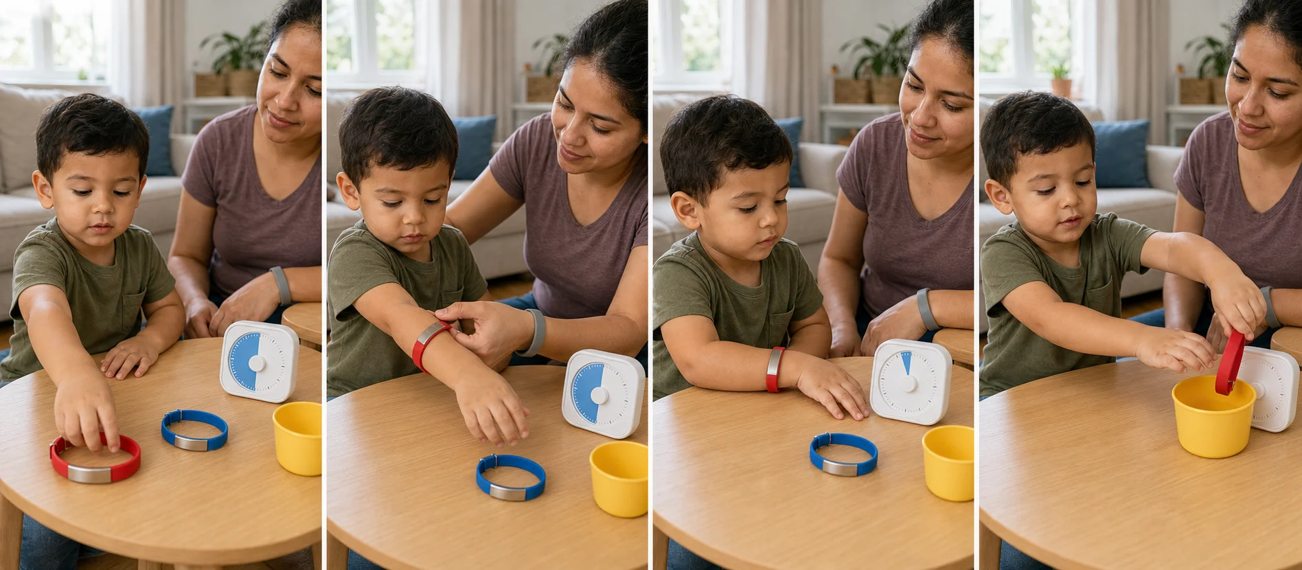 A multi-panel sequence showing a child choosing a wristband color, wearing it through a short timer, taking it off, and dropping it into a done cup.