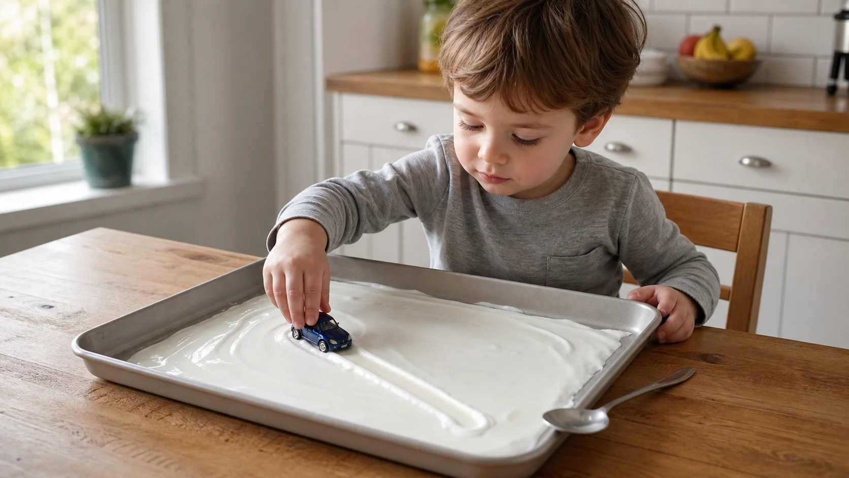 A toddler pushes a small toy car through a thin layer of yoghurt on a shallow tray while a grown-up sits nearby.