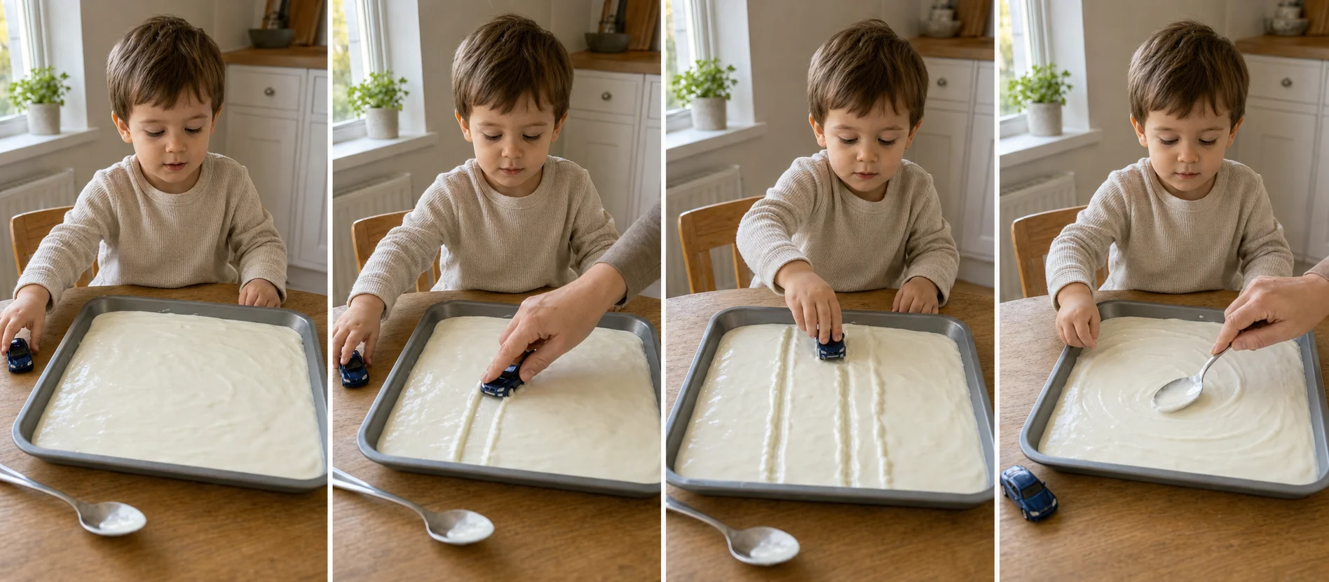 Four panels show a thin yoghurt layer in a tray, a grown-up making the first track, a child pushing a toy through the yoghurt, and the tray smoothed for another turn.