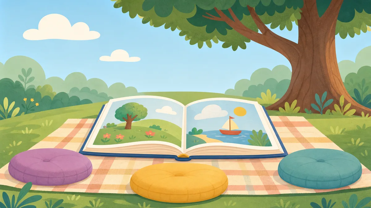 Outdoor storytime family event illustration