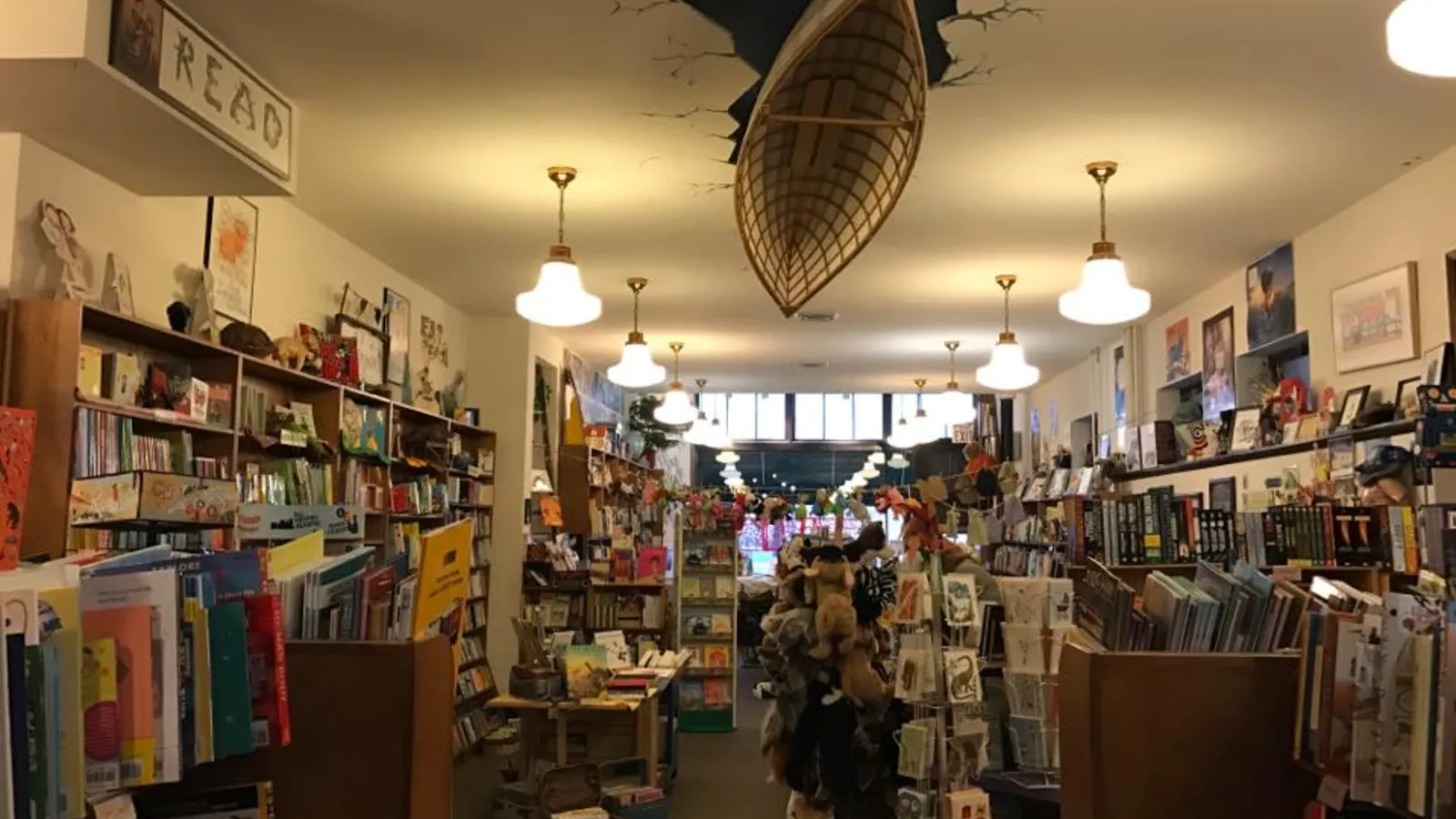 Child reading inside Wild Rumpus Bookstore with animals nearby