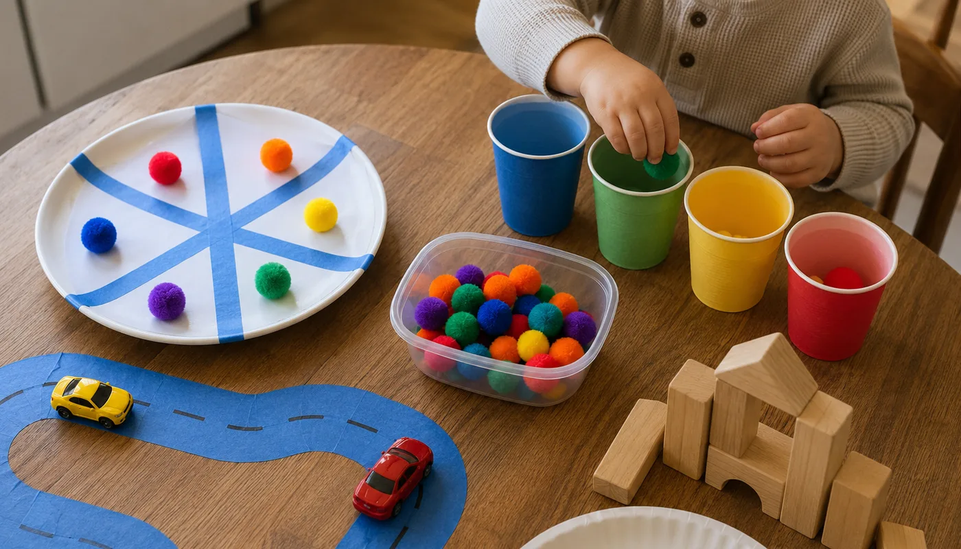 Toddler activity setup with pom-poms, color cups, toy cars, blocks, and paper plate games on a table